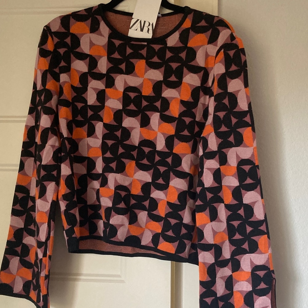 Zara Geometric Long Sleeve Top - Black, Orange, Pink